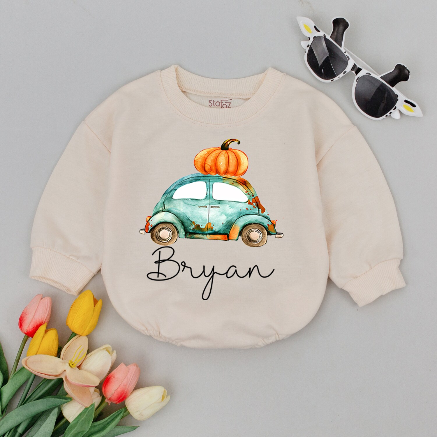 Personalized Boho Fall Tractor Baby Romper Watercolor Truck Infant Outfit Pumpkin Baby Clothes image 3