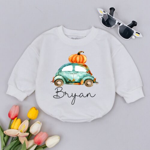 Personalized Boho Fall Tractor Baby Romper Watercolor Truck Infant Outfit Pumpkin Baby Clothes image 0