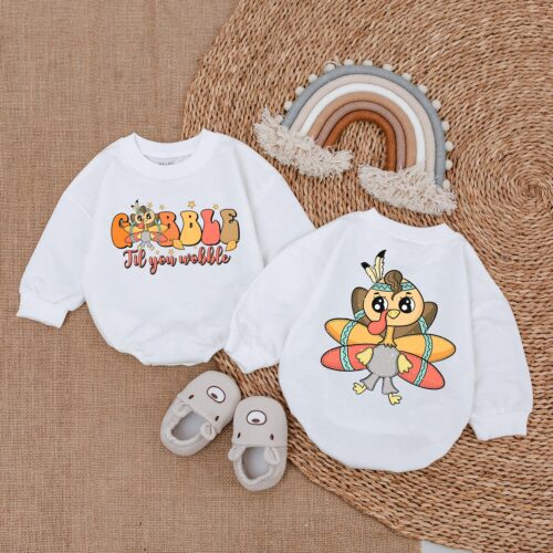 My First Thanksgiving Baby Romper Fall Baby Clothes Gobble Gobble Till You Wobble Outfit image 0