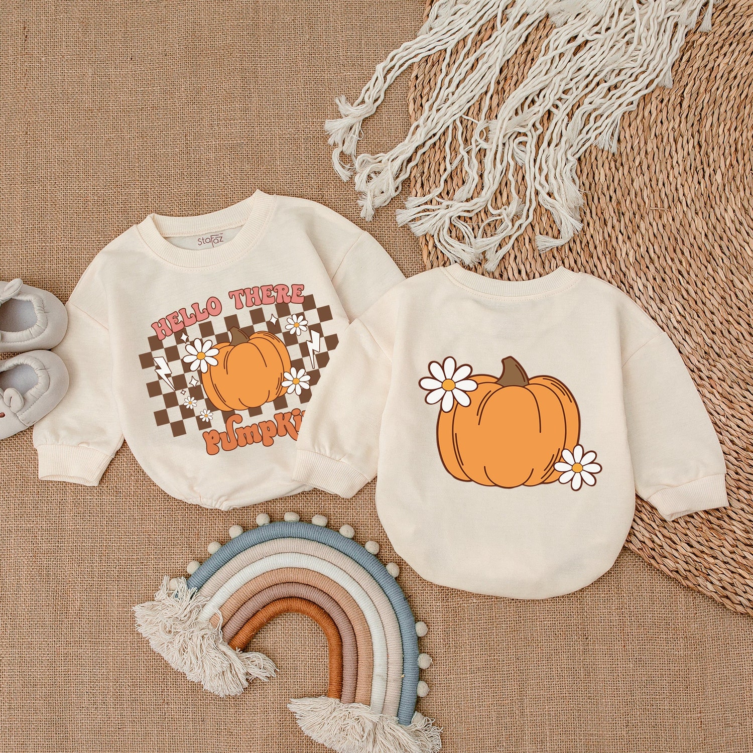 Hello Pumpkin Romper Thanksgiving Baby Girl Outfit Fall Baby Shower Gift First Thanksgiving image 1