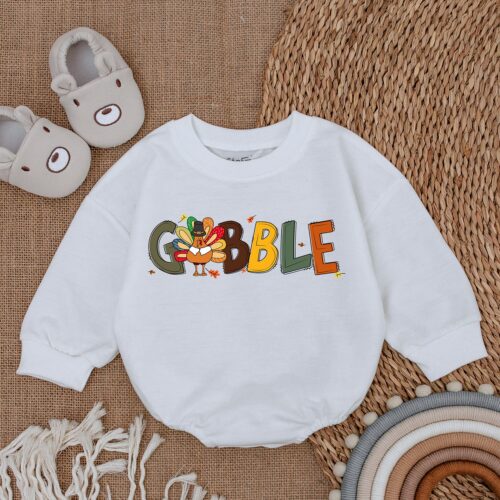 Thanksgiving Baby Romper Gobble Fall Bodysuit First Thanksgiving Outfit Baby Shower Gift image 0