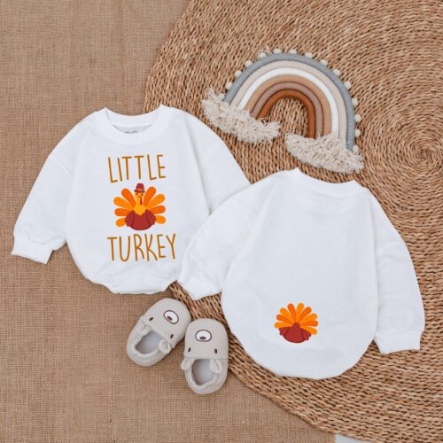 Thanksgiving Little Turkey Romper Infant Outfit for Fall Baby Shower or First Thanksgiving image 0