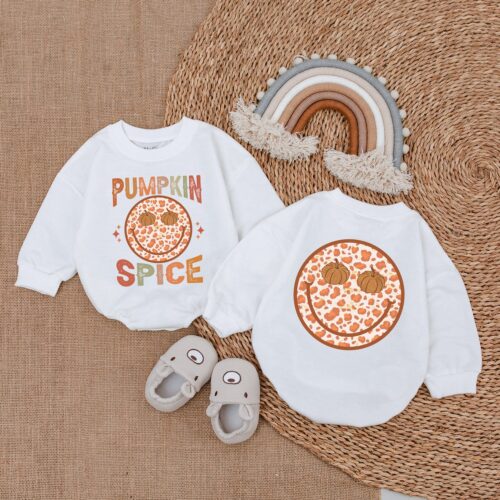 Smiley Pumpkin Spice Baby Romper Thanksgiving Outfit Fall Baby Shower Gift Infant Bodysuit image 0