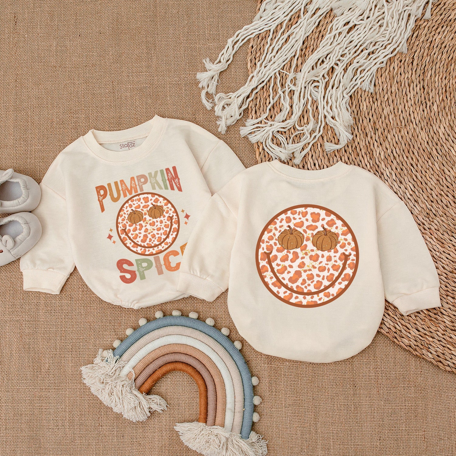 Smiley Pumpkin Spice Baby Romper Thanksgiving Outfit Fall Baby Shower Gift Infant Bodysuit image 1