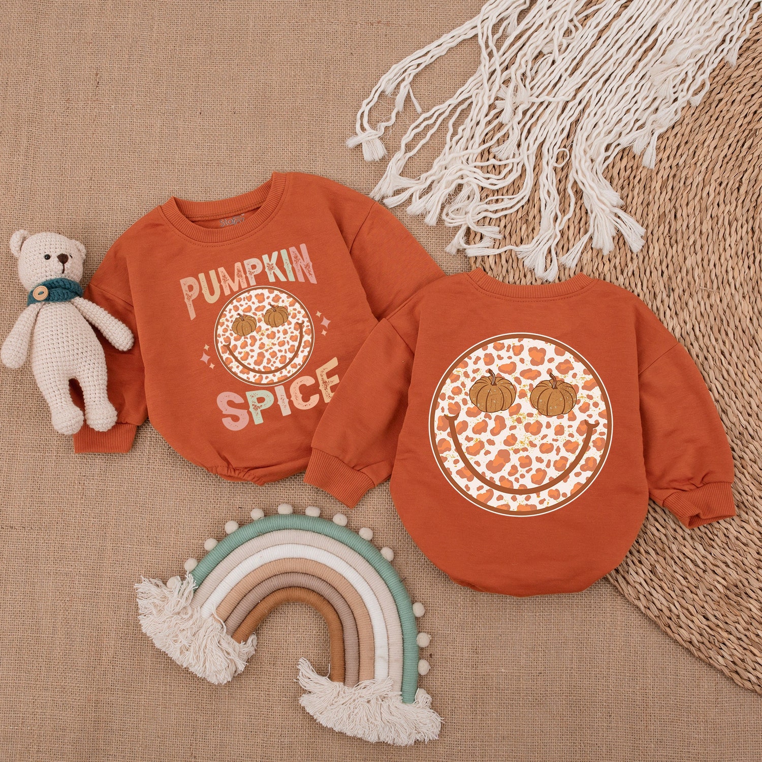 Smiley Pumpkin Spice Baby Romper Thanksgiving Outfit Fall Baby Shower Gift Infant Bodysuit image 2