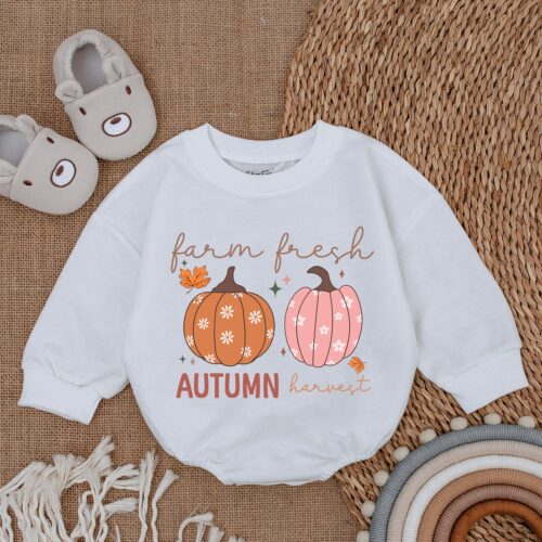 Farm Fresh Pumpkins Baby Romper Thanksgiving Infant Outfit Fall Baby Shower Gift image 0