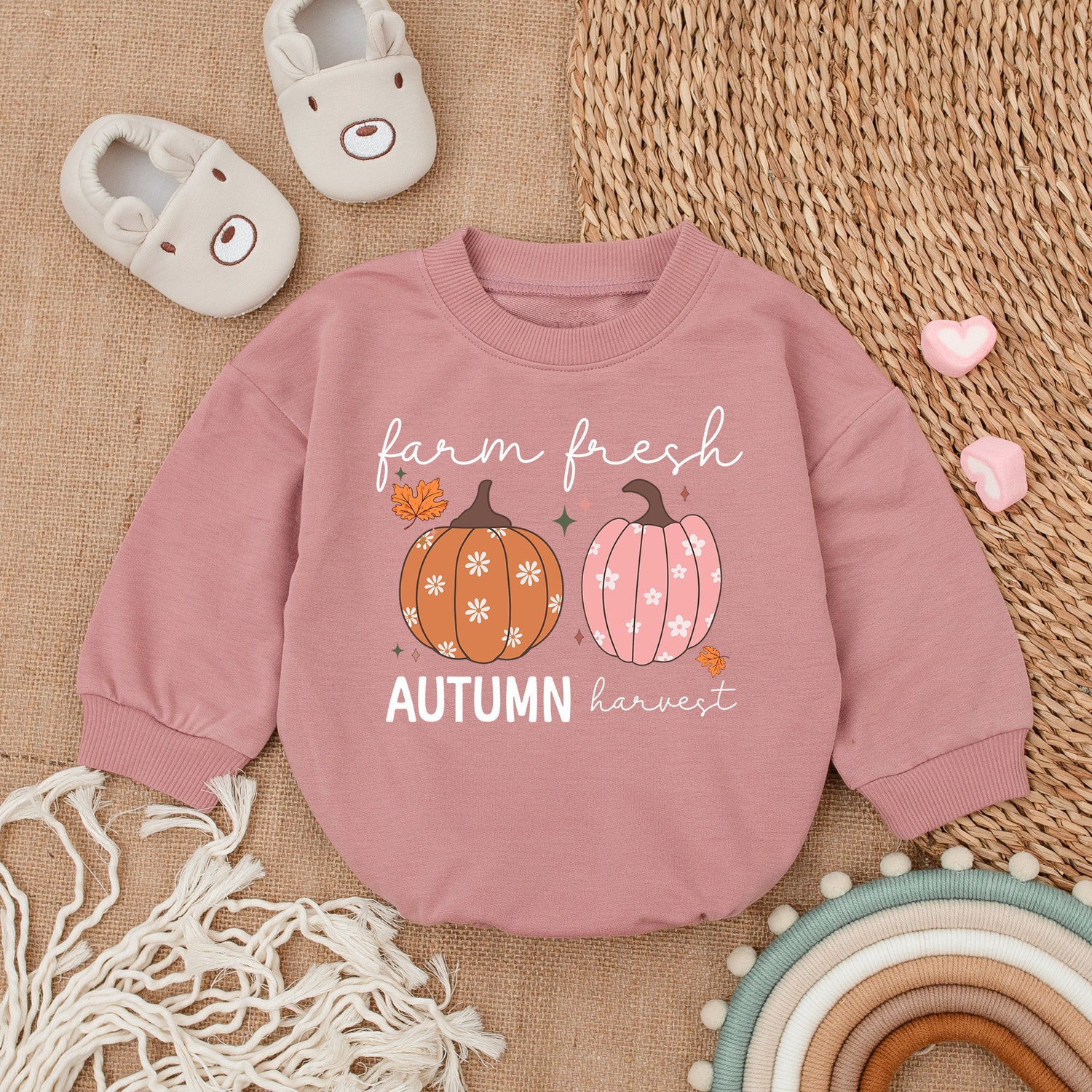 Farm Fresh Pumpkins Baby Romper Thanksgiving Infant Outfit Fall Baby Shower Gift image 2