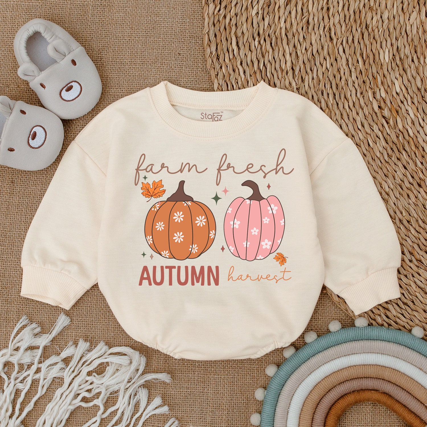 Farm Fresh Pumpkins Baby Romper Thanksgiving Infant Outfit Fall Baby Shower Gift image 1