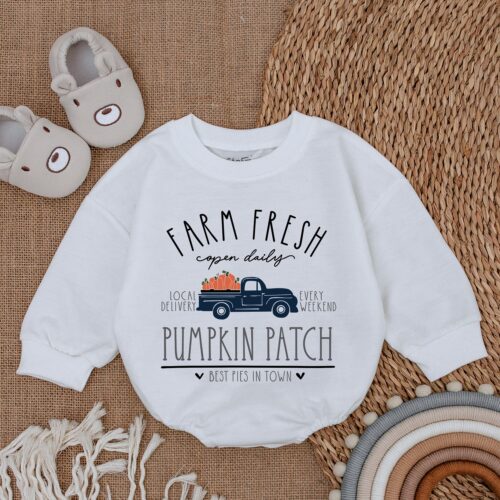 Farm Fresh Pumpkins Baby Romper Thanksgiving Infant Outfit Fall Baby Shower Gift image 0