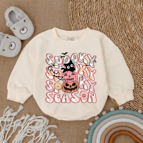 Spooky Cat Wavy Baby Halloween Bodysuit Ghost Romper First Halloween Outfit image 0