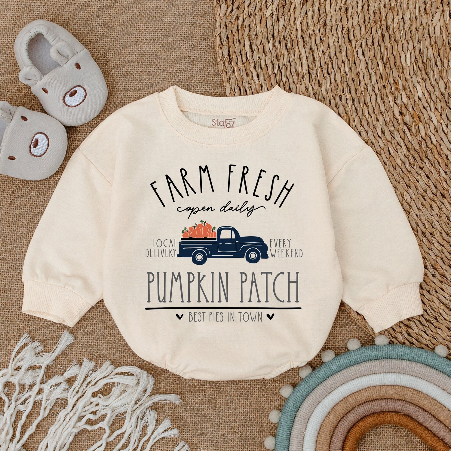 Farm Fresh Pumpkins Baby Romper Thanksgiving Infant Outfit Fall Baby Shower Gift image 1