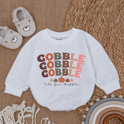 Thanksgiving Baby Romper Gobble Till You Wobble Fall Infant Outfit First Thanksgiving image 0