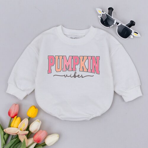 Pumpkin Vibes Baby Romper Fall Baby Bodysuit 1st Thanksgiving Outfit Pumpkin Baby Gift image 0