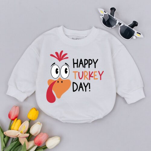 Thanksgiving Baby Romper Happy Turkey Day Bodysuit Fall Baby Outfit 1st Thanksgiving image 0