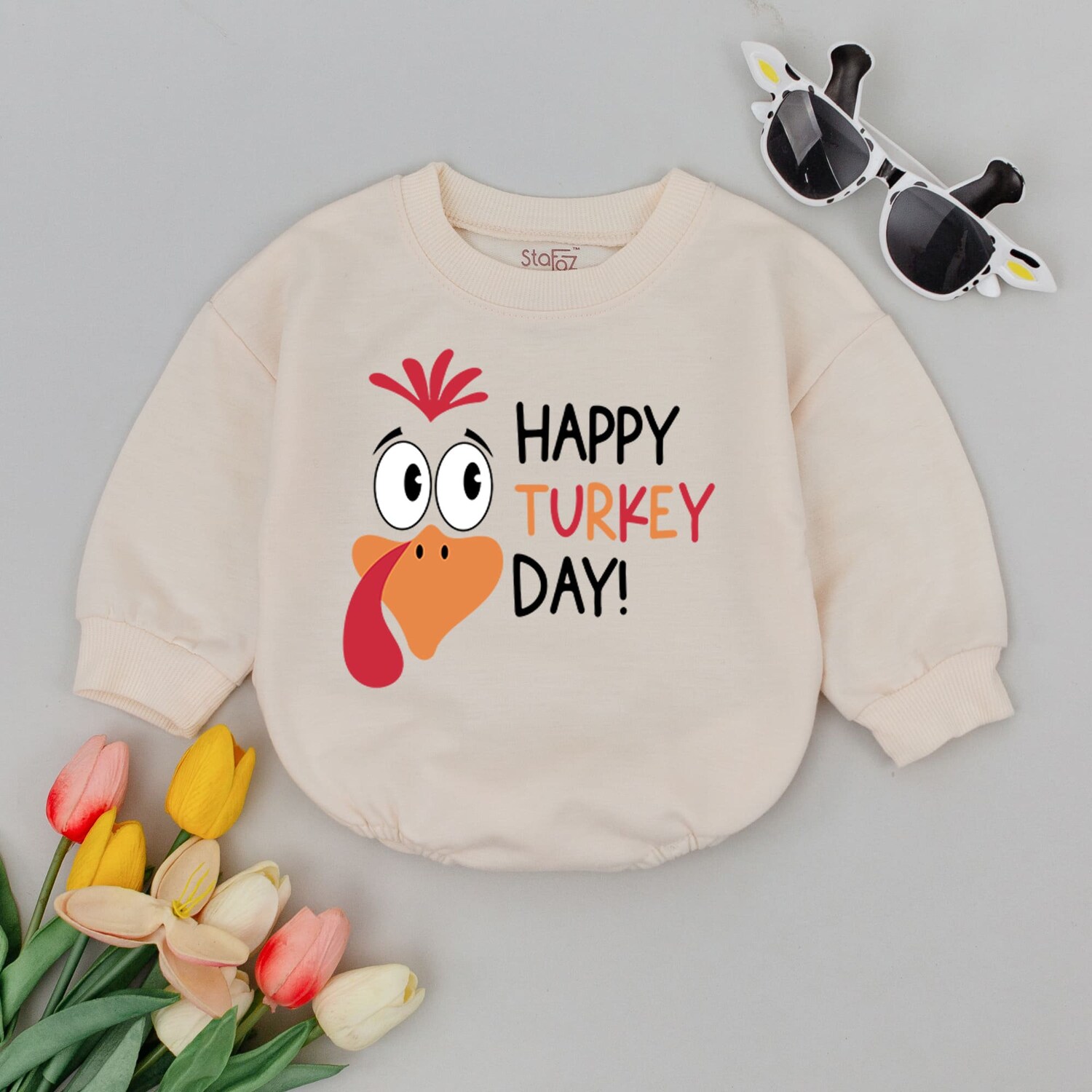 Thanksgiving Baby Romper Happy Turkey Day Bodysuit Fall Baby Outfit 1st Thanksgiving image 1