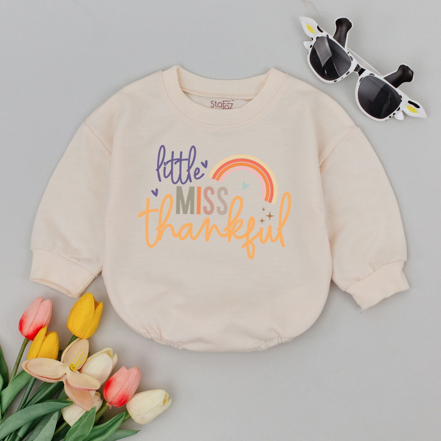 Little Miss Thankful Baby Romper Pumpkin Bodysuit Funny Thanksgiving Baby Outfit image 1