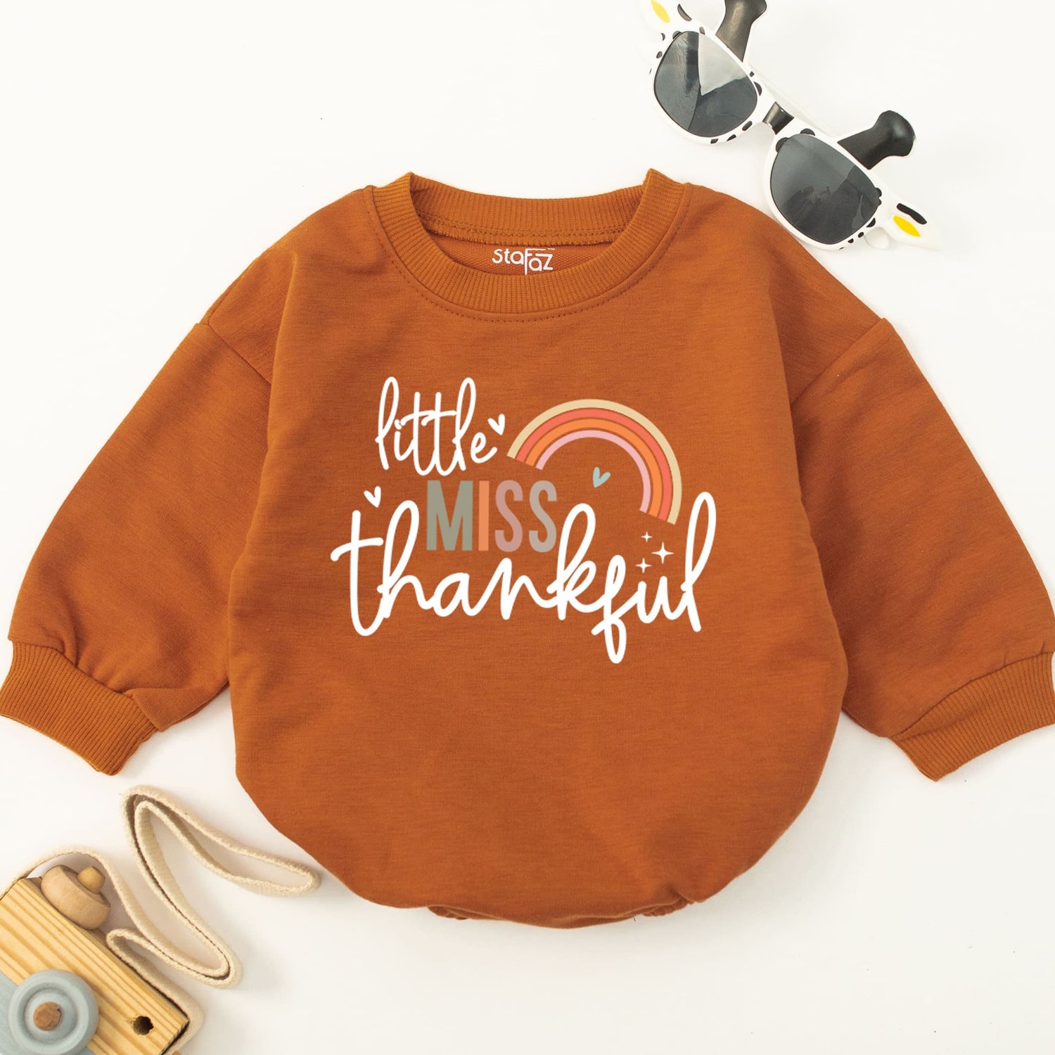 Little Miss Thankful Baby Romper Pumpkin Bodysuit Funny Thanksgiving Baby Outfit image 2