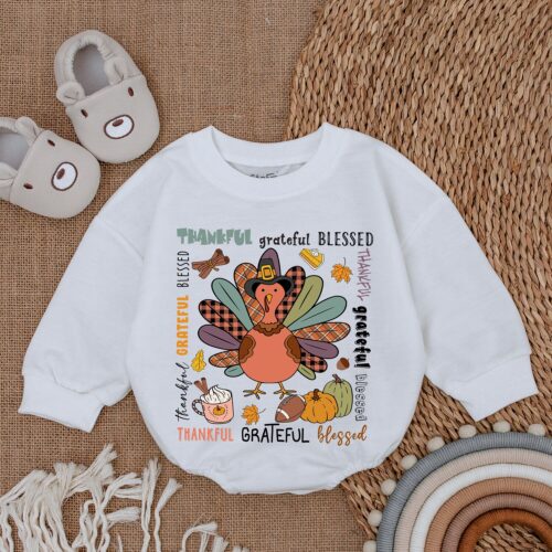 Thankful Grateful Blessed Baby Romper Thanksgiving Infant Outfit Fall Baby Shower Gift image 0