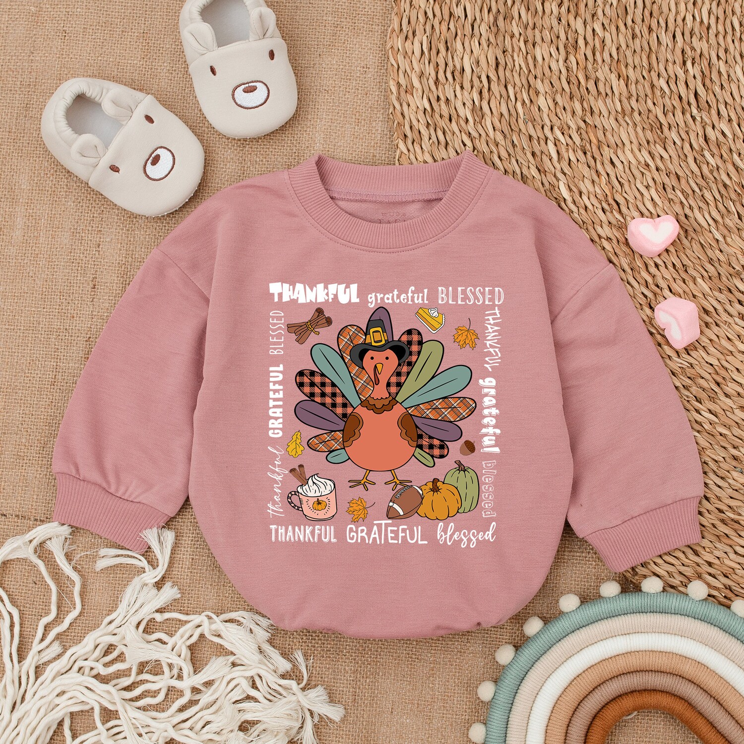 Thankful Grateful Blessed Baby Romper Thanksgiving Infant Outfit Fall Baby Shower Gift image 3