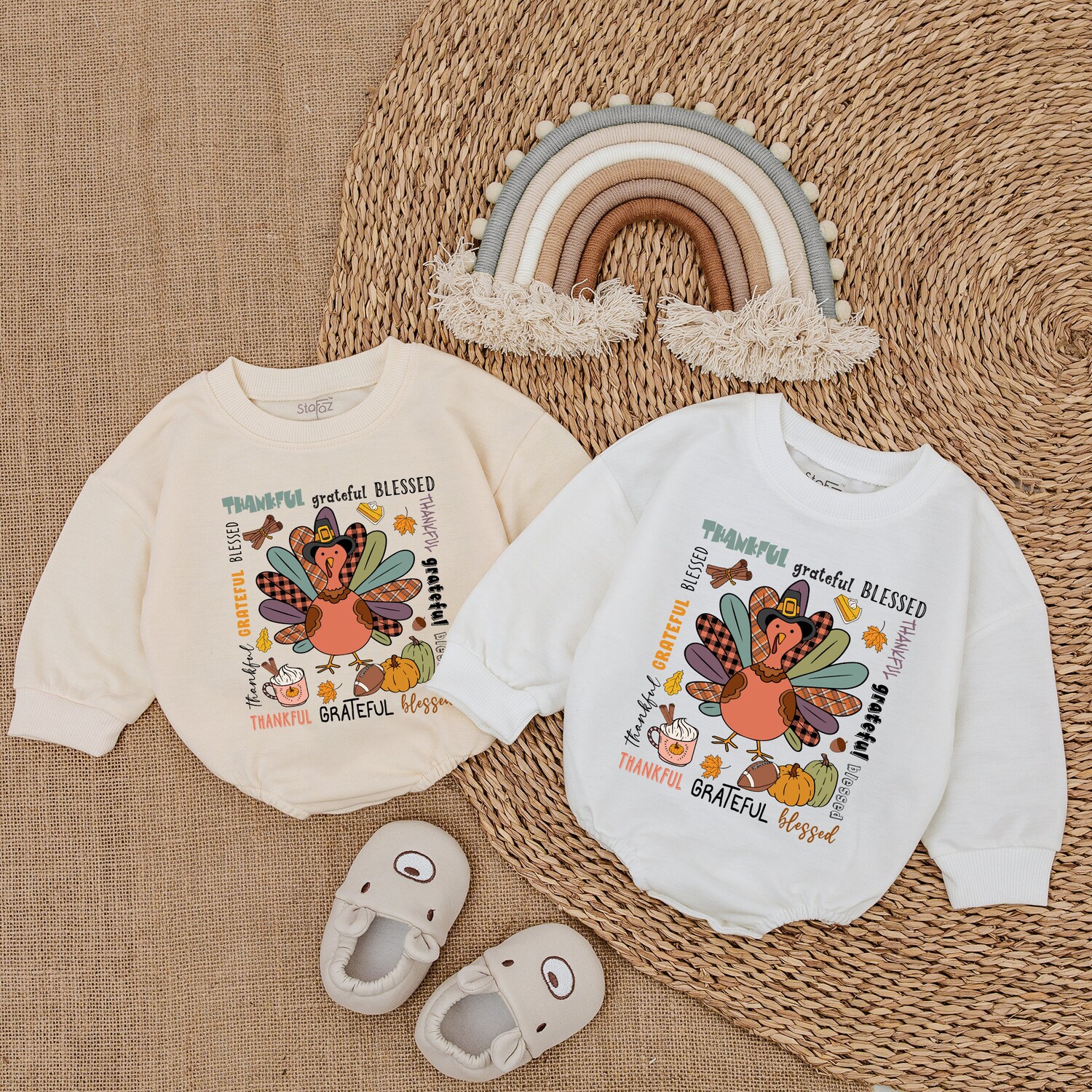 Thankful Grateful Blessed Baby Romper Thanksgiving Infant Outfit Fall Baby Shower Gift image 2