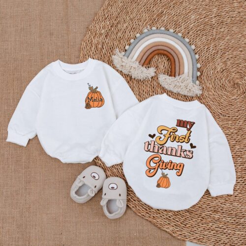 Thanksgiving Baby Romper My First Thanksgiving Outfit Fall Baby Clothes Bubble Romper image 0