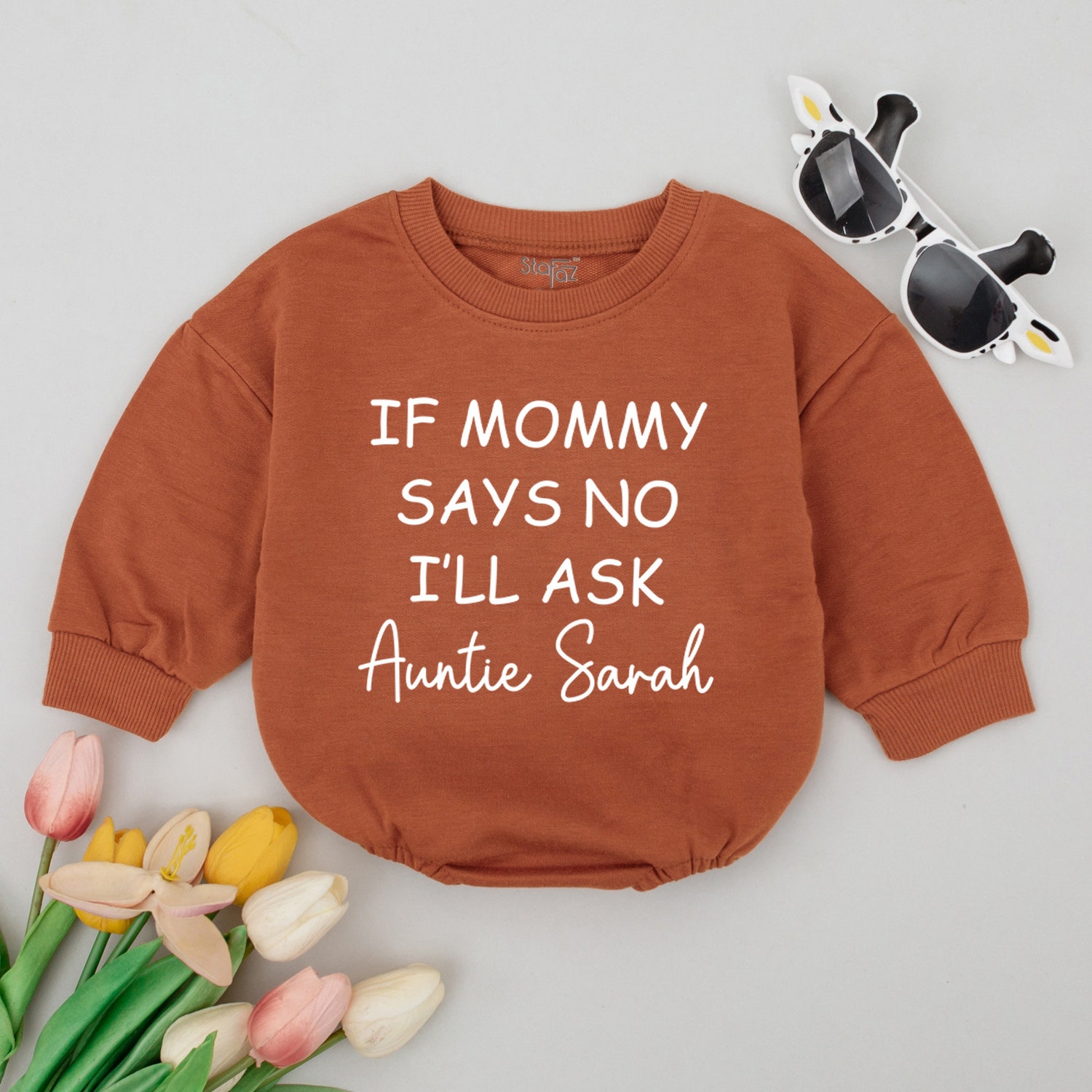 If Mommy Says No I'll Ask Auntie Baby Romper Personalized Baby Reveal Bodysuit Auntie Pregnancy Announcement image 2