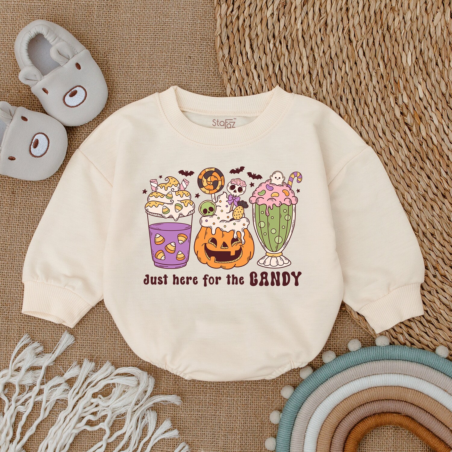 Just Here for Candy Baby Girl Romper Groovy Halloween Baby Outfit First Halloween Baby Clothes image 1