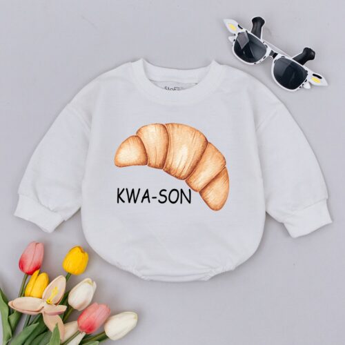 Croissant Baby Romper French Pastry Bodysuit Gender Neutral Minimalist Baby Outfit image 0