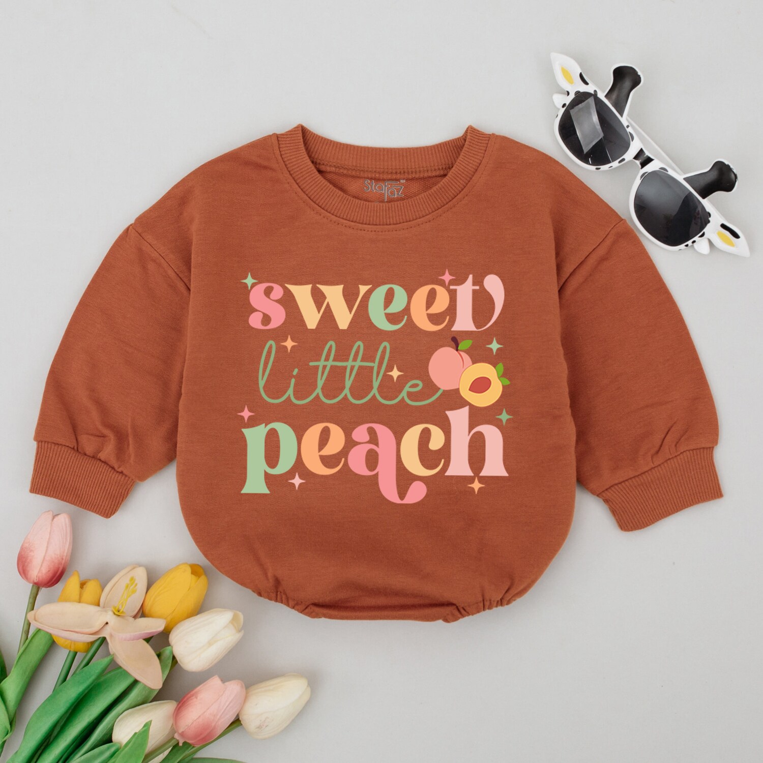 Peach Baby Romper Snack Stealer Peach Bodysuit Minimalist Gender Neutral Baby Outfit image 3