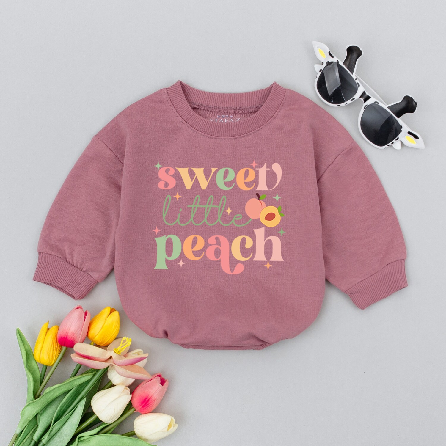 Peach Baby Romper Snack Stealer Peach Bodysuit Minimalist Gender Neutral Baby Outfit image 1