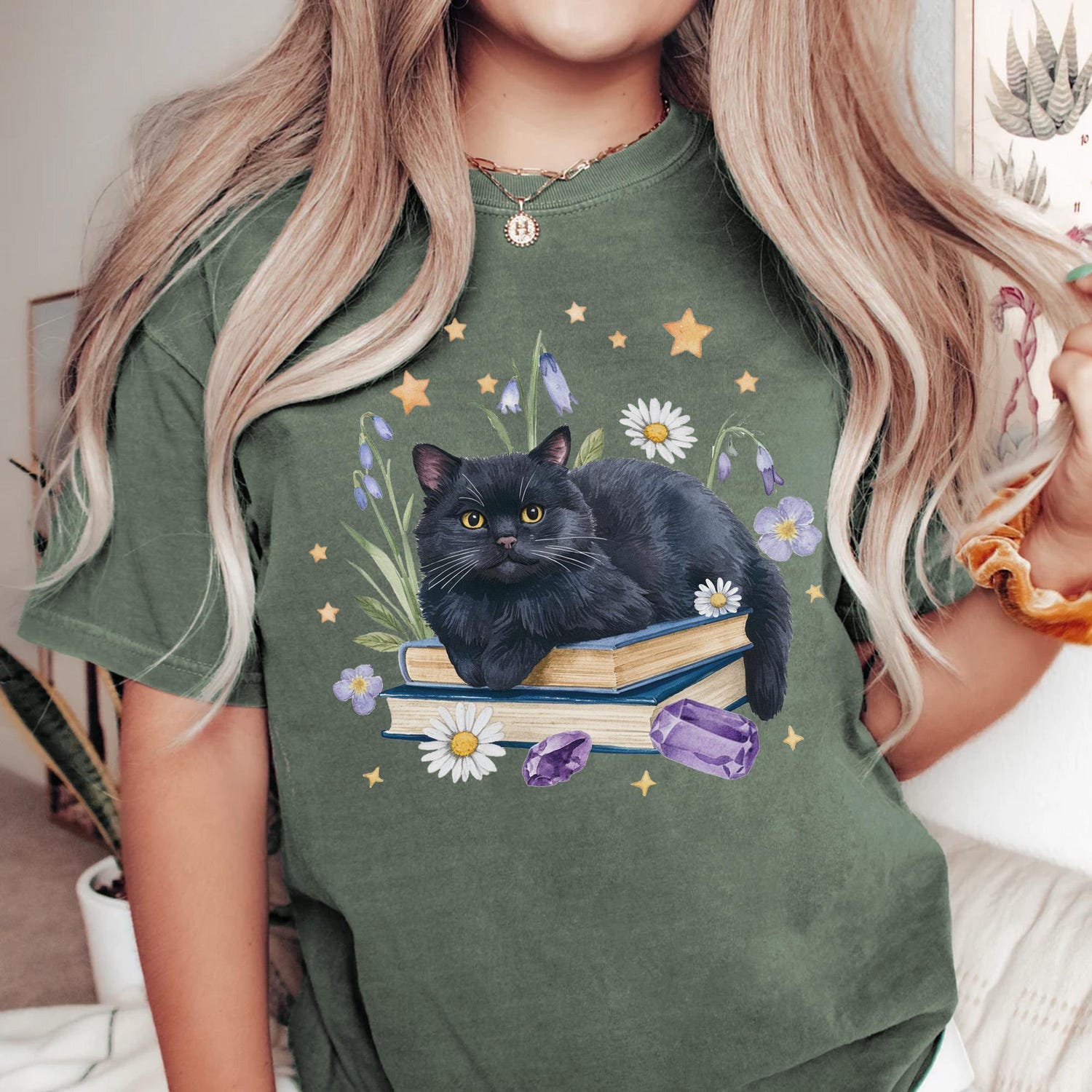 Black Cat Book Shirt Floral Book Lovers Tee Witchy Cat Sweatshirt Gift Trendy Reading Apparel image 3