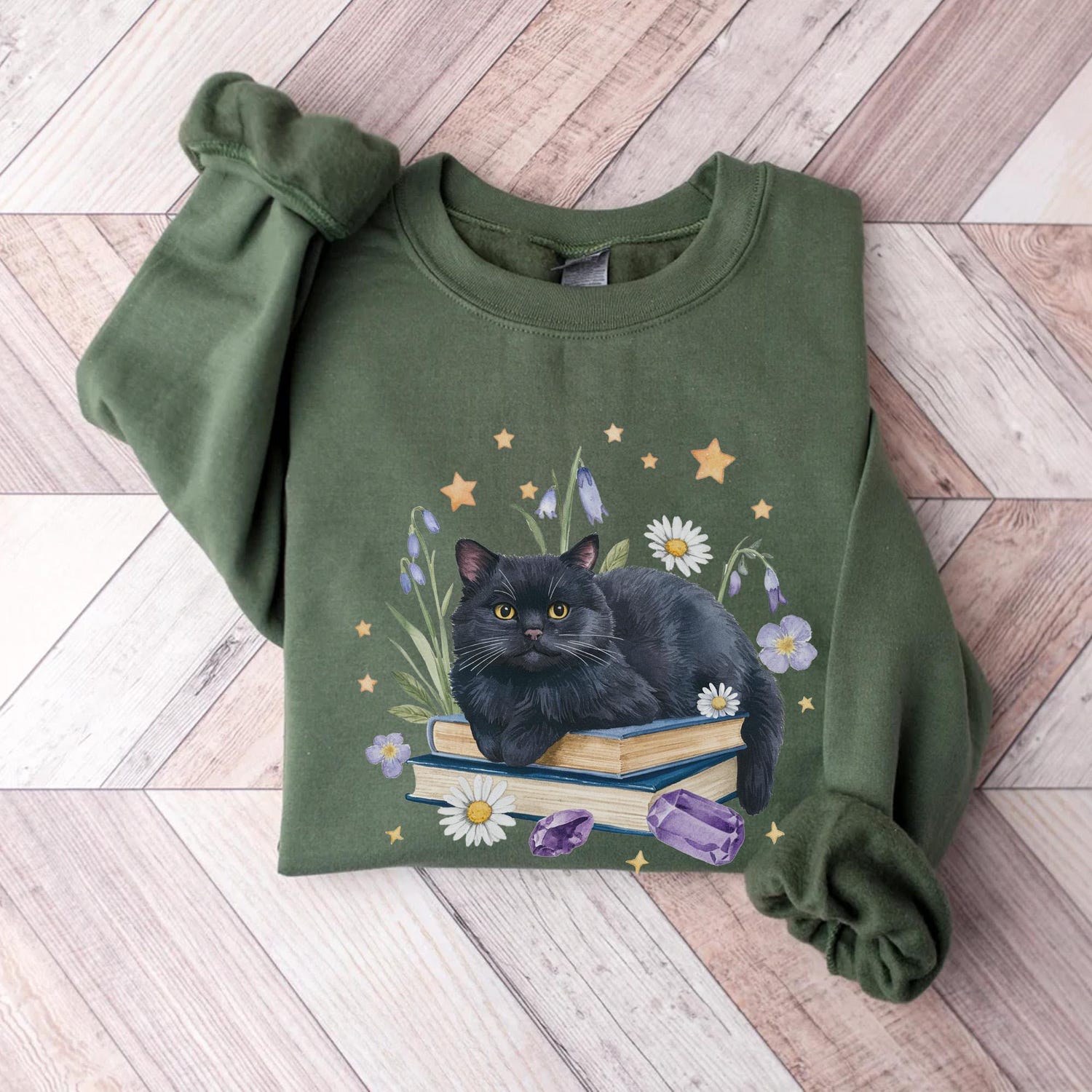 Black Cat Book Sweatshirt Daisy Wildflower Floral Shirt Gift for Cat Lovers & Bookworms image 2