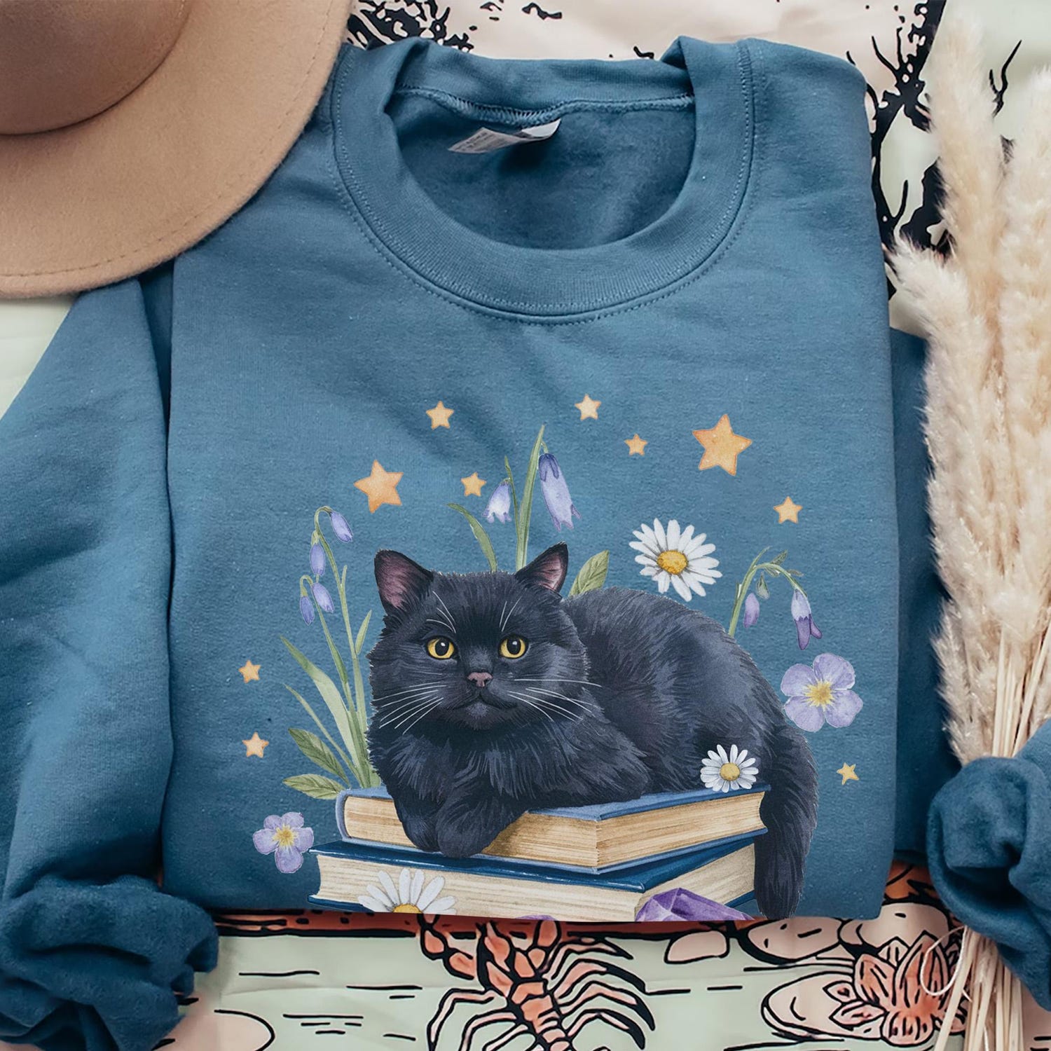 Black Cat Book Sweatshirt Daisy Wildflower Floral Shirt Gift for Cat Lovers & Bookworms image 3