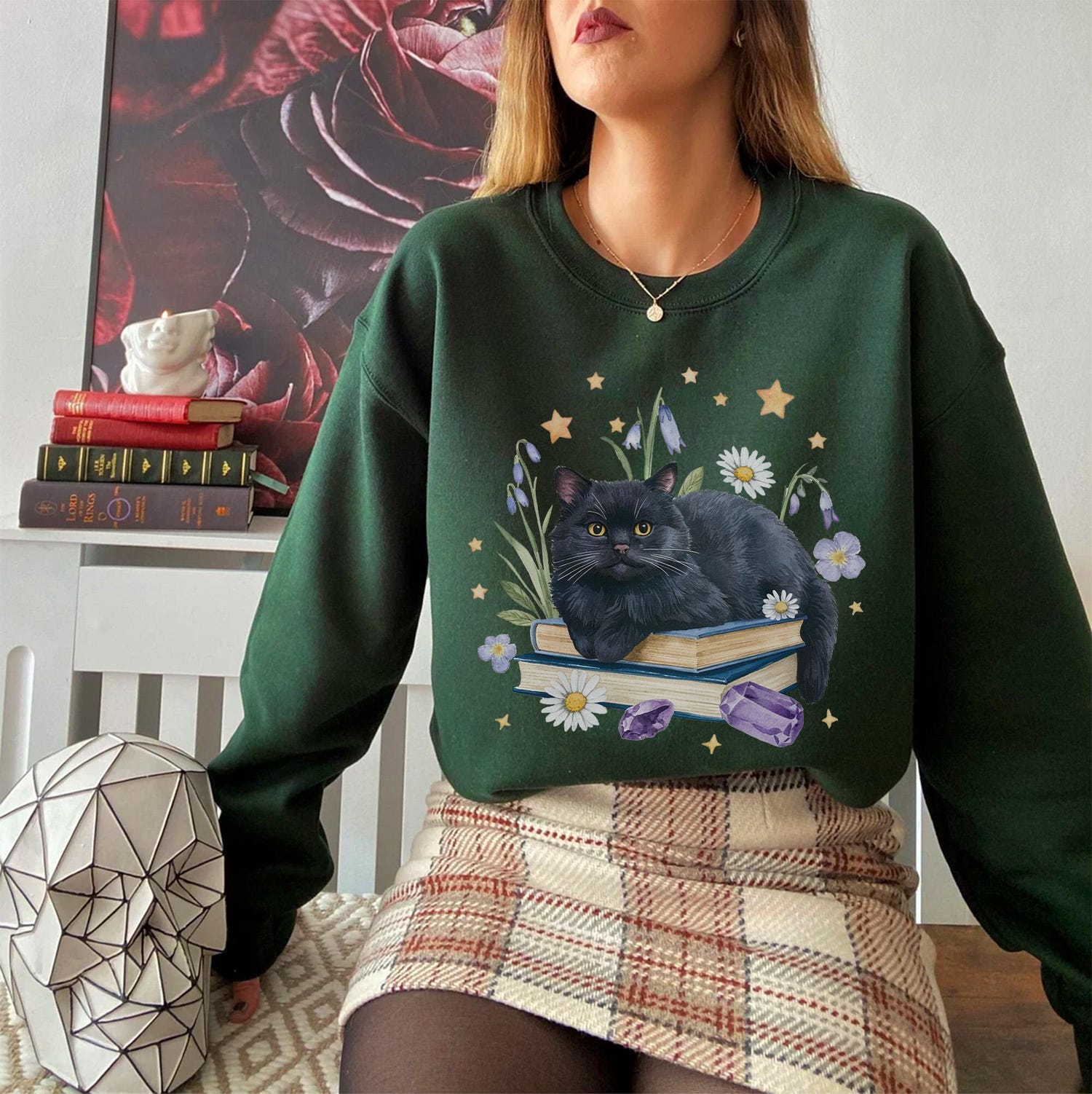 Black Cat Book Sweatshirt Daisy Wildflower Floral Shirt Gift for Cat Lovers & Bookworms image 5