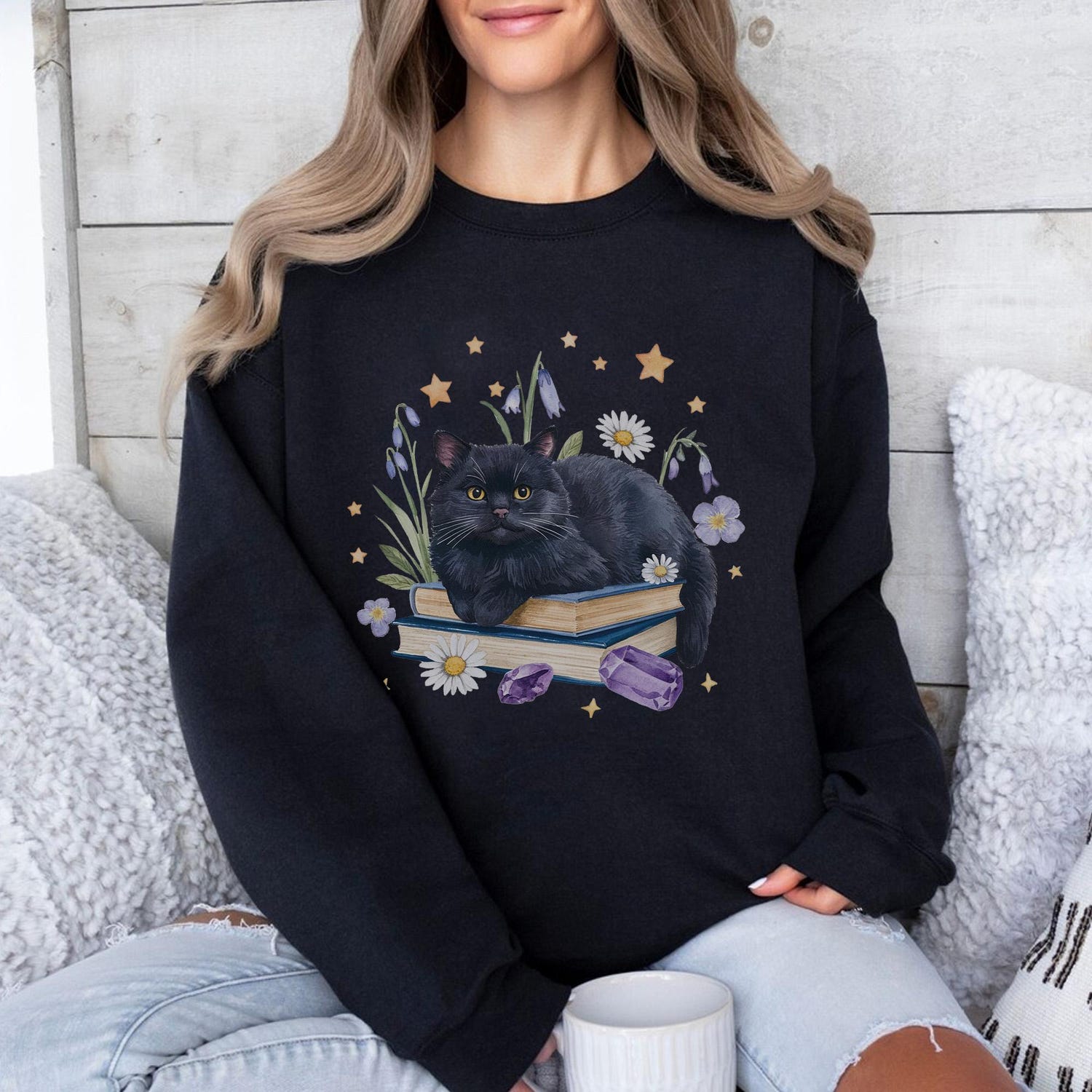 Black Cat Book Sweatshirt Daisy Wildflower Floral Shirt for Book Lovers Witchy Cat Gift image 2