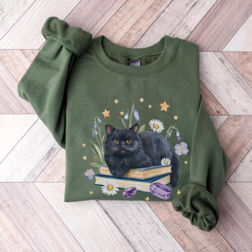 Black Cat Book Lovers Sweatshirt Daisy Floral Witchy Shirt Gifts for Cat Lovers and Readers image 0