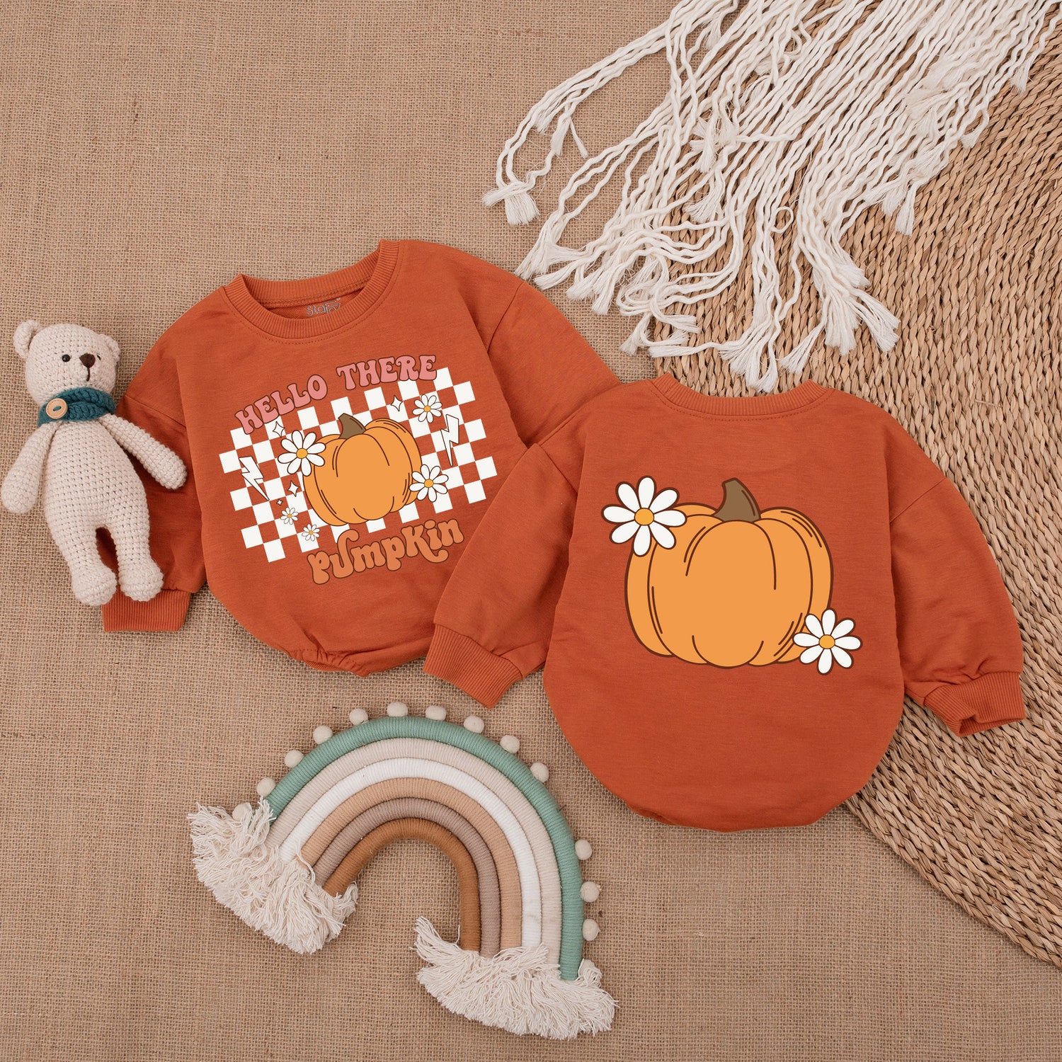 Hello Pumpkin Romper Thanksgiving Baby Girl Outfit Fall Baby Shower Gift First Thanksgiving image 3