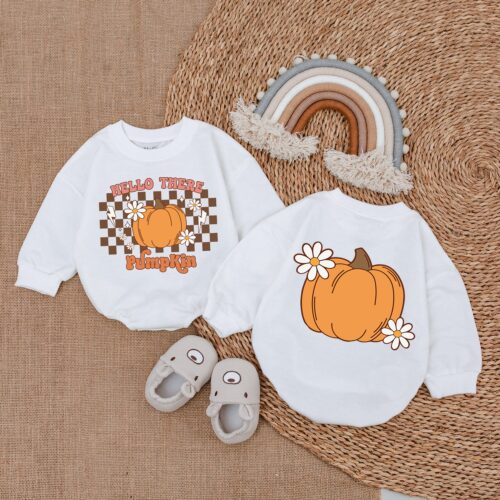 Hello Pumpkin Romper Thanksgiving Baby Girl Outfit Fall Baby Shower Gift First Thanksgiving image 0