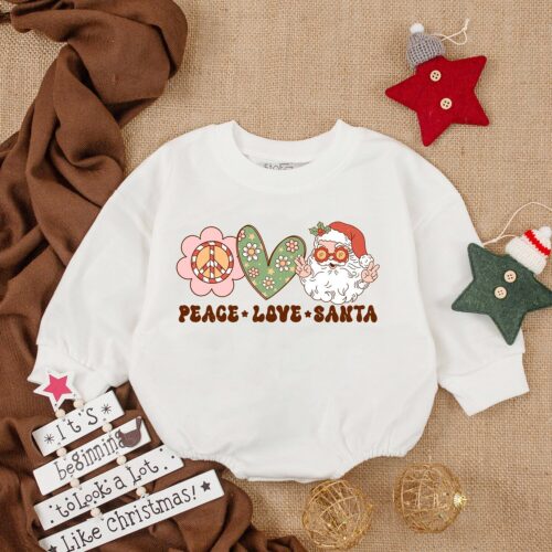 Peace Love Santa Baby Romper Cozy Christmas Bodysuit Long Sleeve First Christmas Outfit image 0