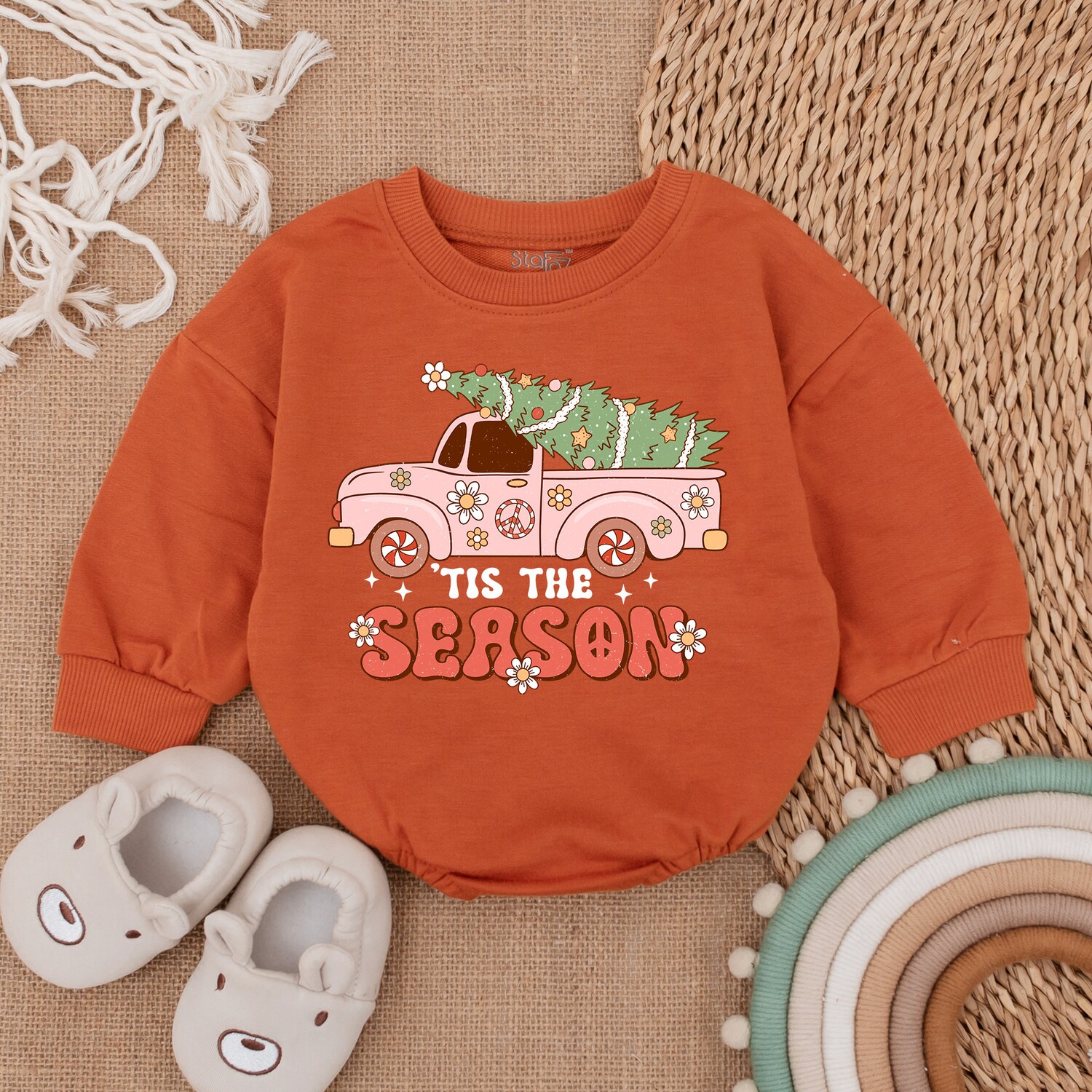 Tis The Season Baby Bubble Romper Cozy Long Sleeve Christmas Bodysuit First Christmas Outfit image 2