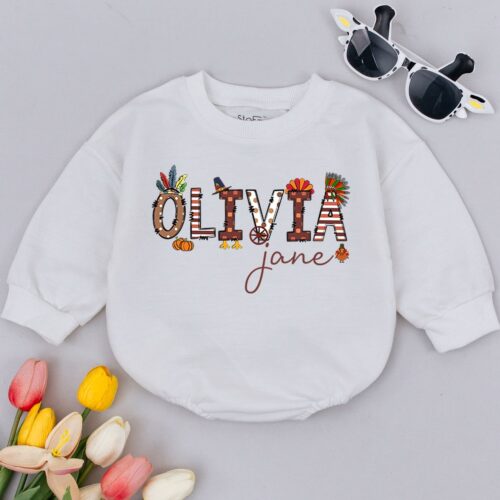 Personalized Thanksgiving Baby Romper Fall Newborn Bodysuit Thankful Toddler Outfit image 0