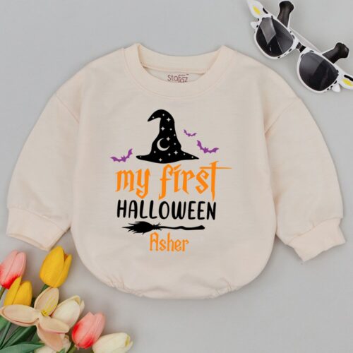 First Halloween Witch Baby Romper Custom Baby Bodysuit Fall Newborn Outfit Halloween Baby Clothes image 0