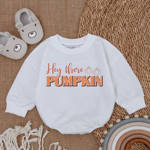 Hey There Pumpkin Baby Romper Thanksgiving Infant Outfit Fall Baby Shower Gift image 0