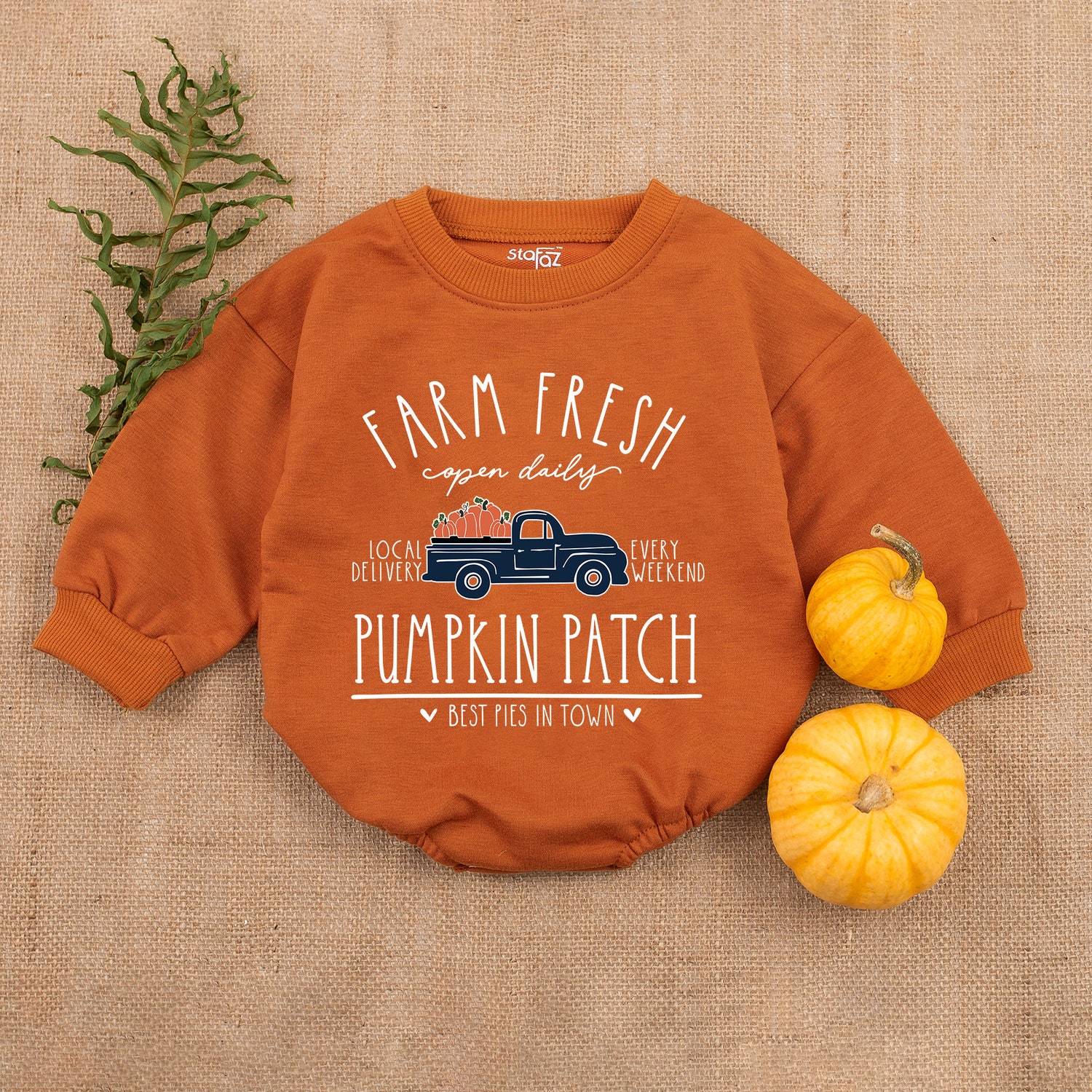 Farm Fresh Pumpkins Baby Romper Thanksgiving Infant Outfit Fall Baby Shower Gift image 3