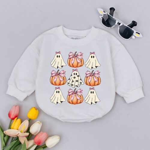 Ghost Pumpkin Baby Romper Retro Fall Autumn Baby Bodysuit Funny Thanksgiving Halloween Outfit image 0