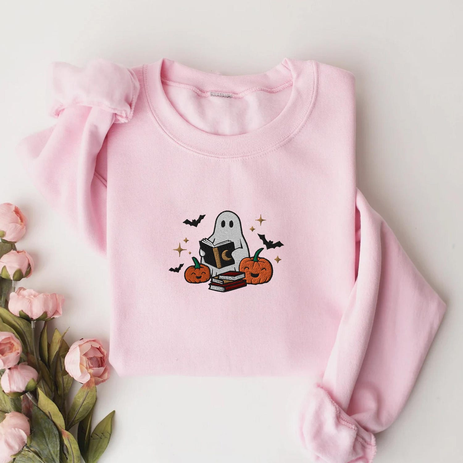 Halloween Embroidered Book Ghost Sweatshirt Fall Crewneck for Women Spooky Pumpkin Shirt image 4