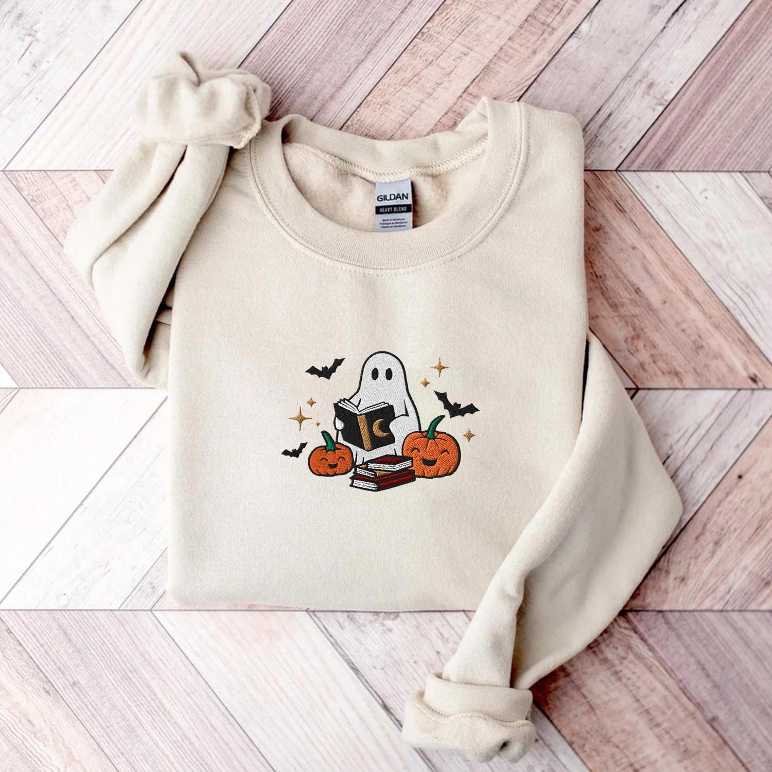 Embroidered Book Ghost Sweatshirt Halloween Crewneck for Women Fall & Spooky Season Shirt image 5