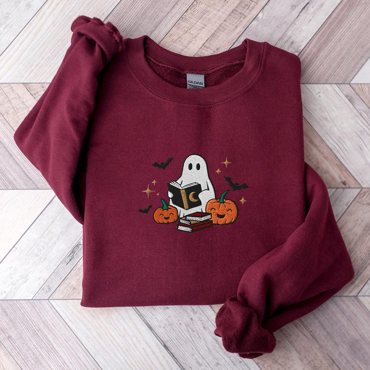 Embroidered Halloween Book Ghost Sweatshirt Fall Crewneck for Women Cute Pumpkin Ghost Shirt image 7