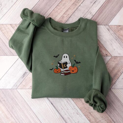 Halloween Embroidered Book Ghost Sweatshirt Fall Crewneck for Women Spooky Pumpkin Shirt image 0