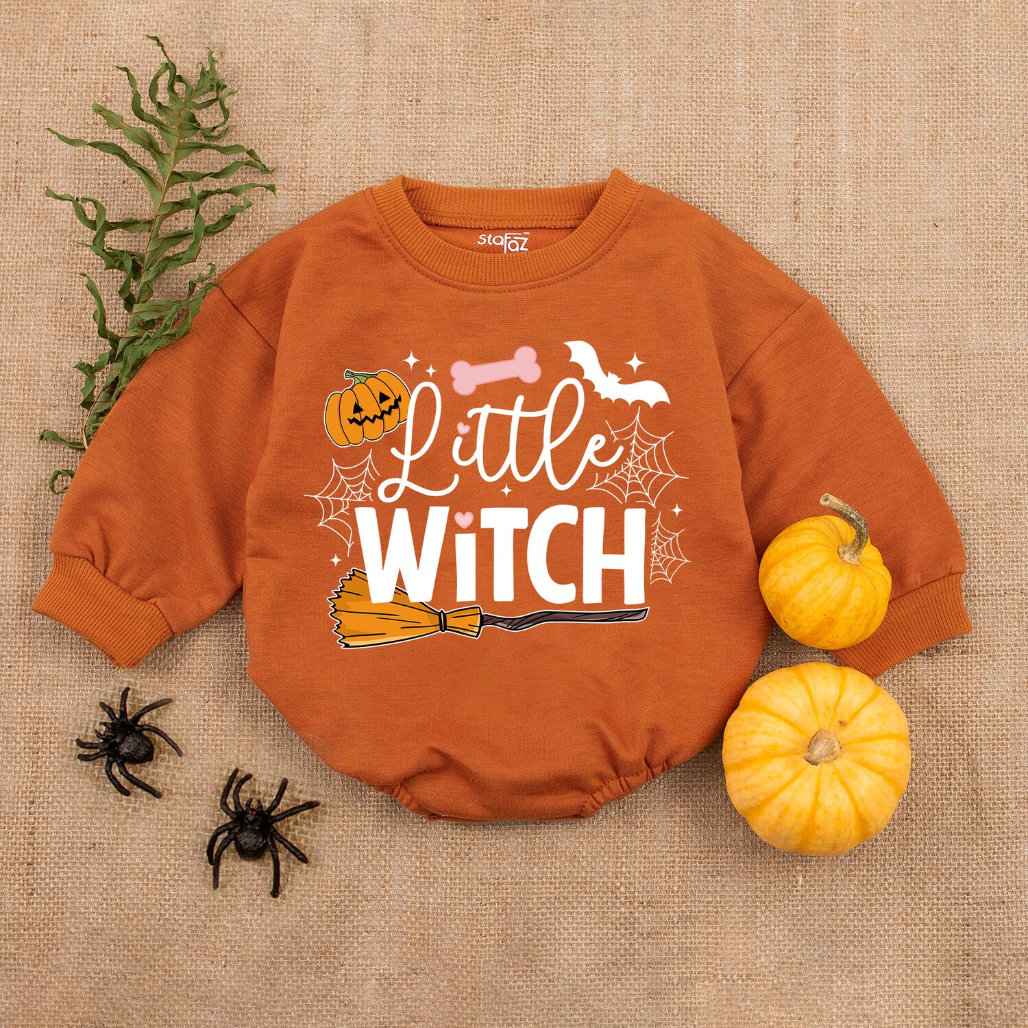 Little Witch Halloween Baby Romper Retro Halloween Baby Clothes First Halloween Outfit image 3